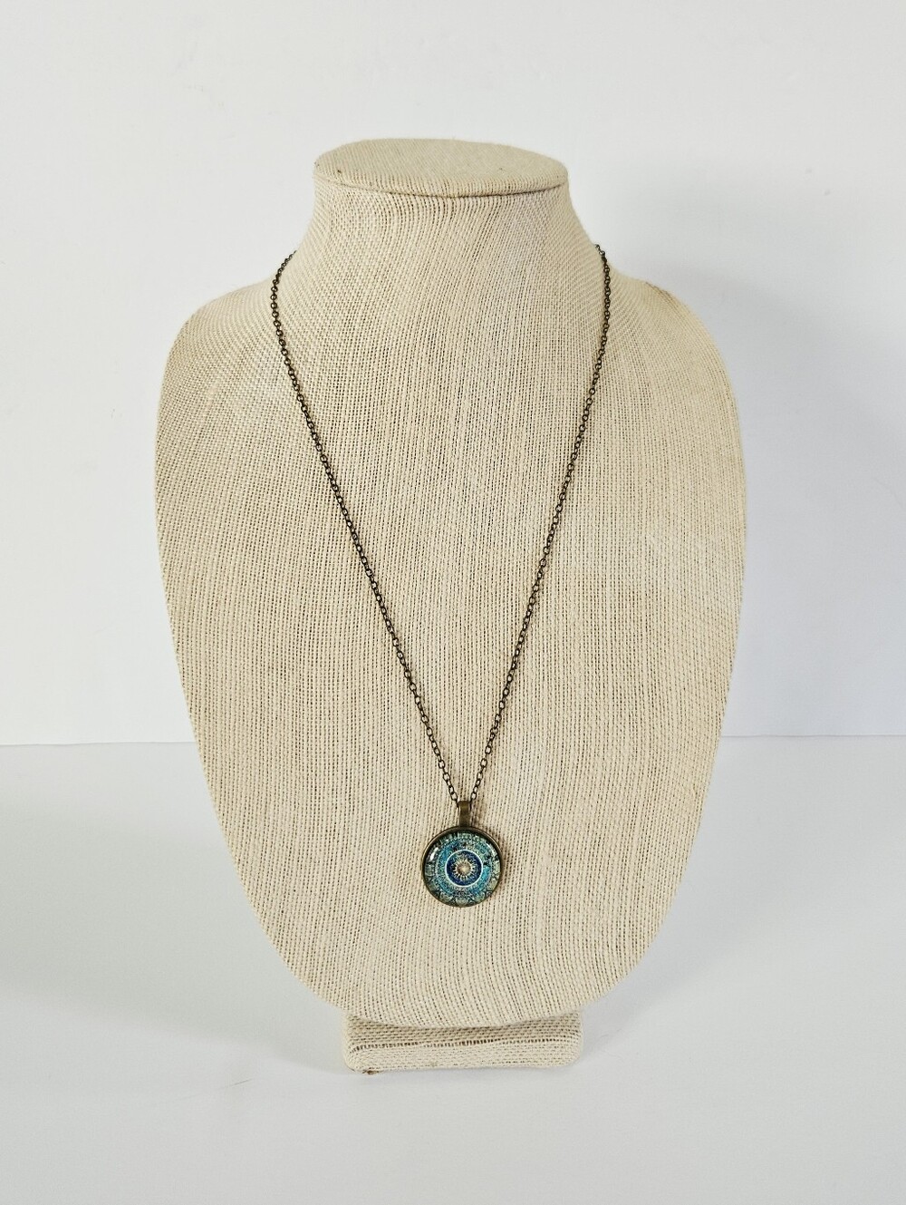 Vintage Blue Mandala Dome Circle Bronze Tone Chain Meditation Pendant Necklace